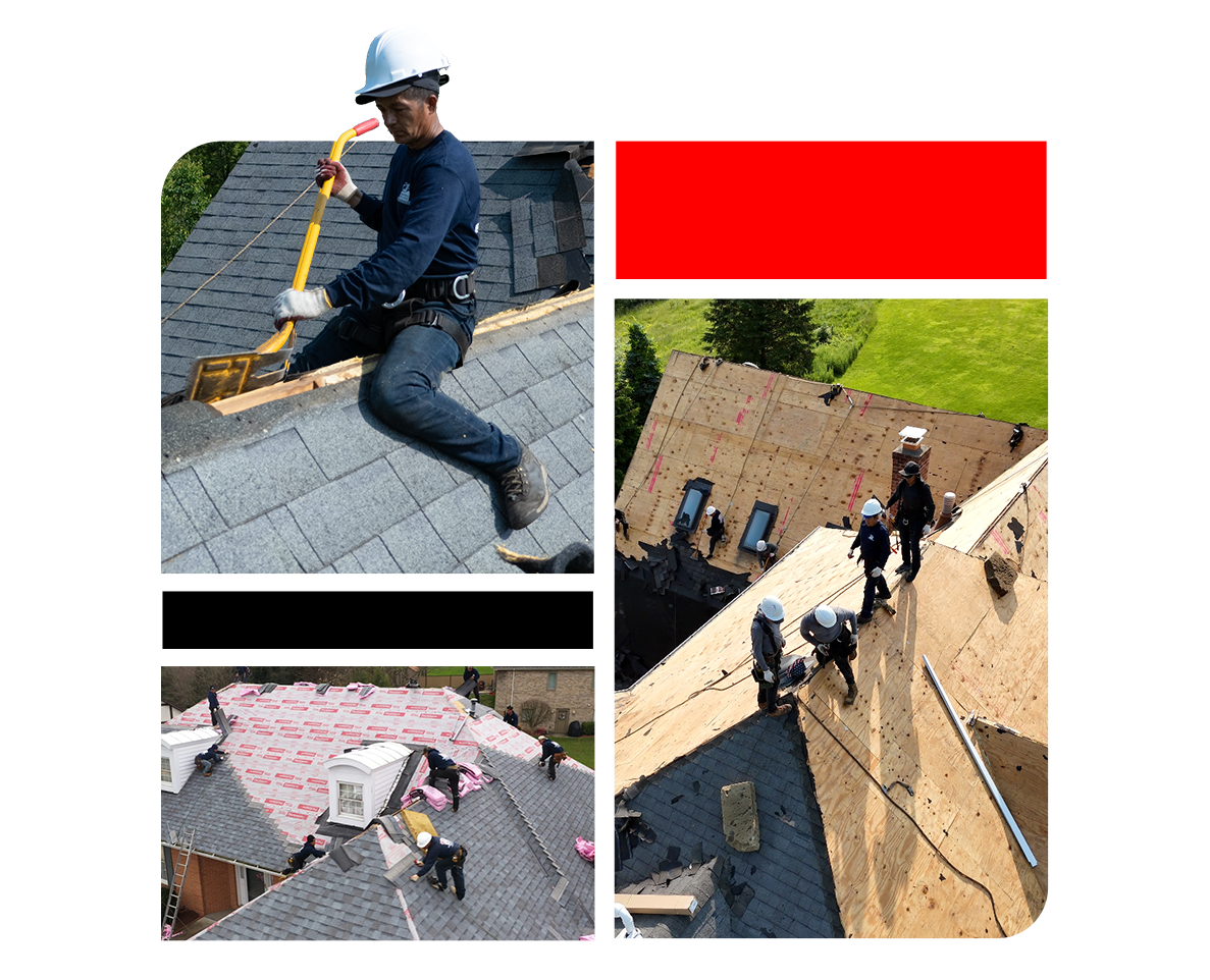 multiple images of professional roofers in pittsburgh replacing and repairing roofs